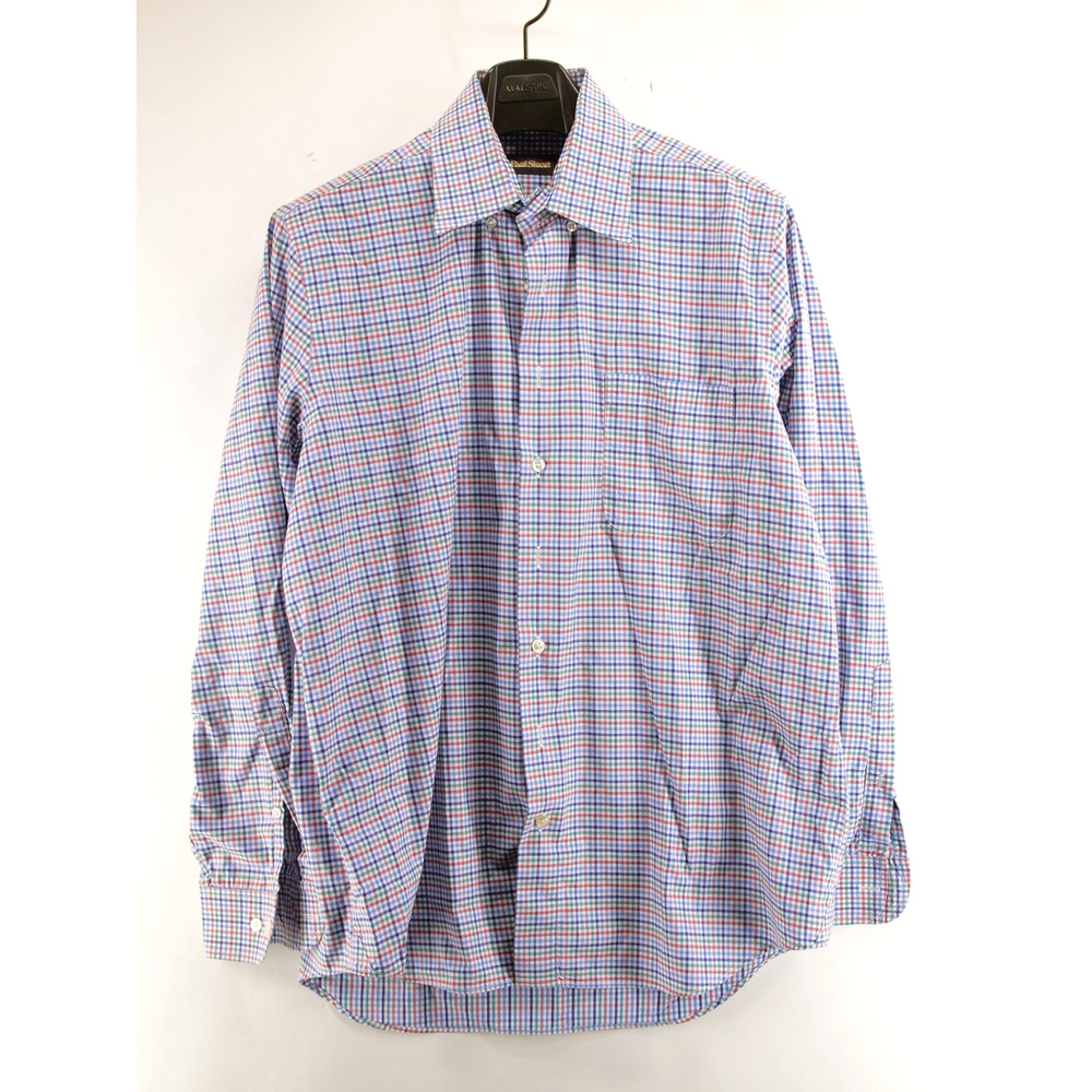 Paul Stuart Purple Plaid Mens L Oxford Long Sleeve traveler Button Up Shirt